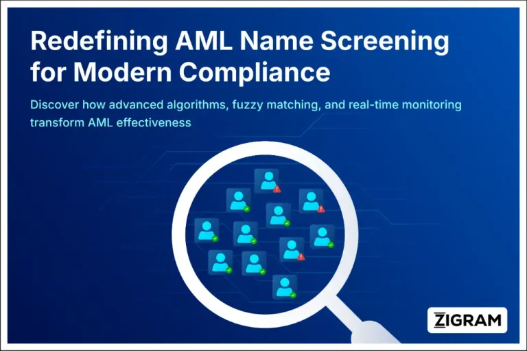 AML name screening illustration showing digital profiles scanned against global watchlists, sanctions lists, and PEP databases to identify money laundering and financial crime risks.